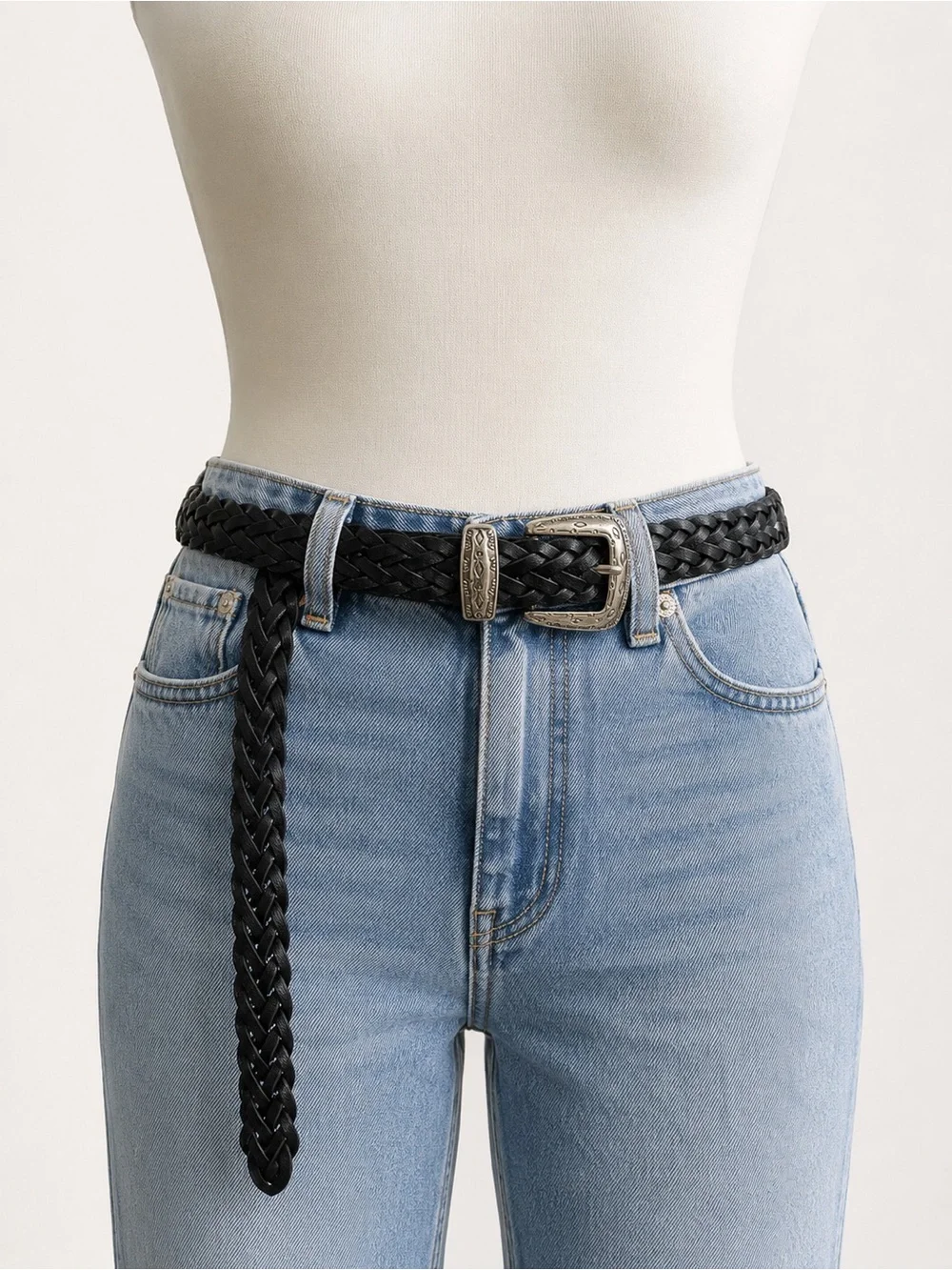 Genuine Leather Braided Woven Belt – Black Western Silver Buckle